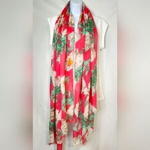 H&M Scarf 41" X 80" Pink Green Floral Raw Hem Preppy Feminine